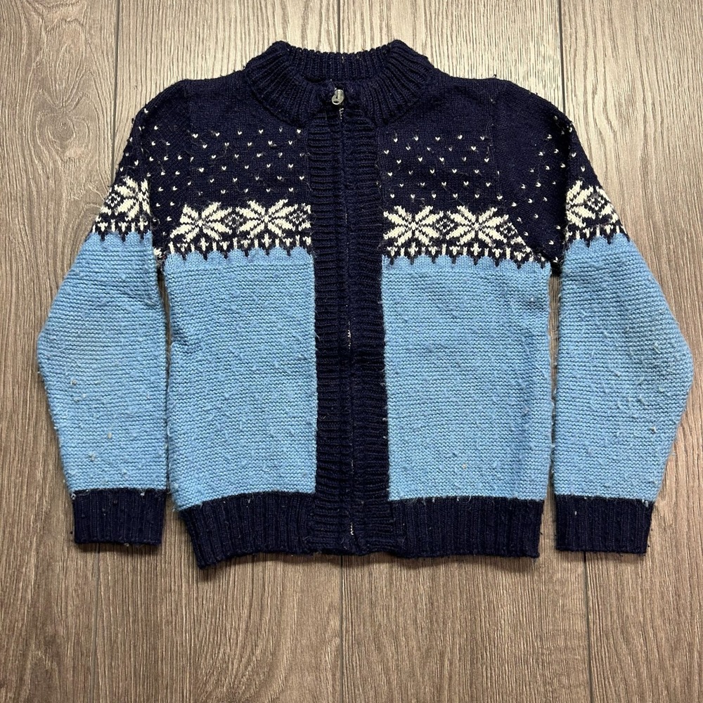Vintage 70s Wool Nordic Fair Isle Small Snowflake Zip Up Cardigan Sweater Blue